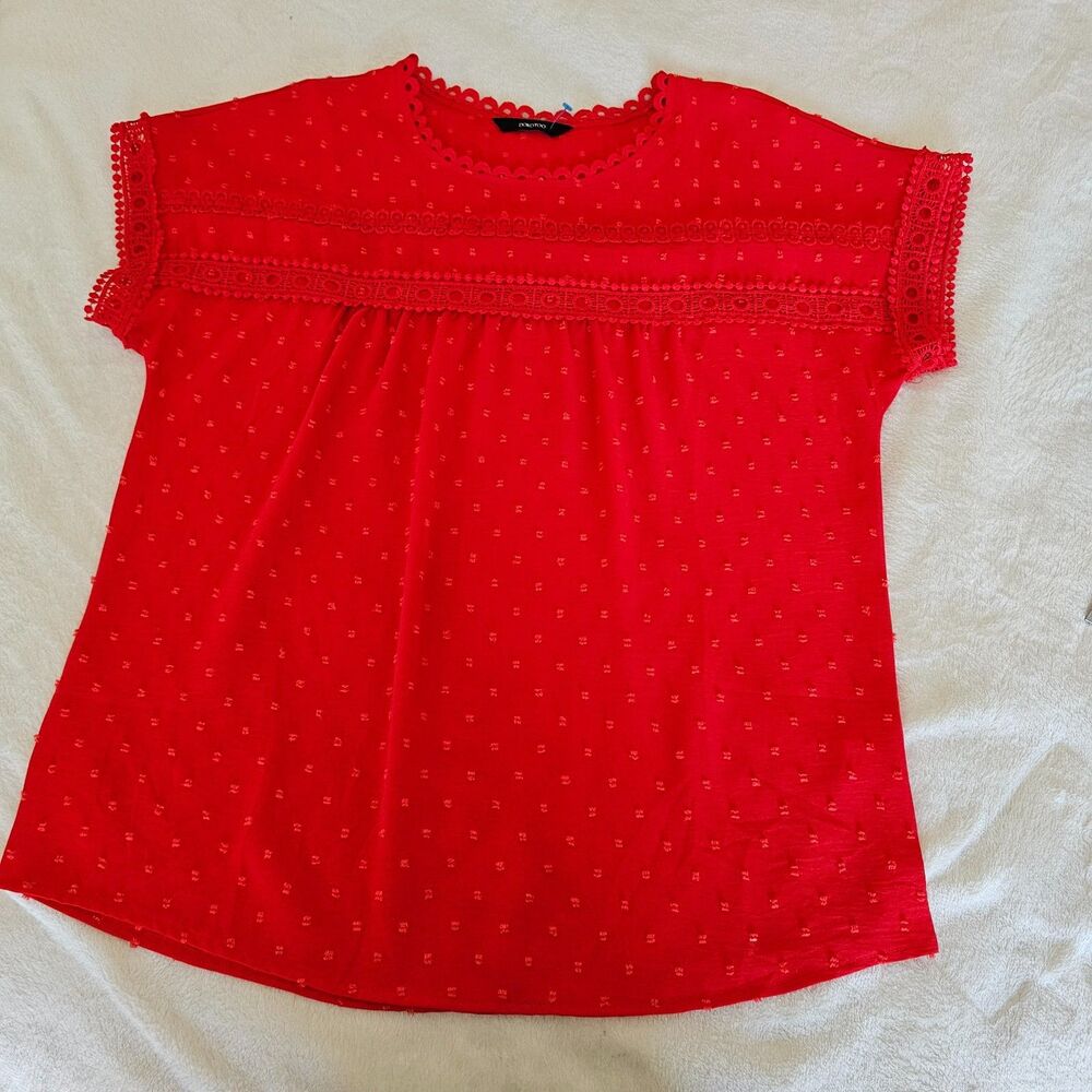 Dokotoo Women's Size M Red Swiss Dot Blouse Crochet Lace Short Sleeve Top - Picture 3 of 7